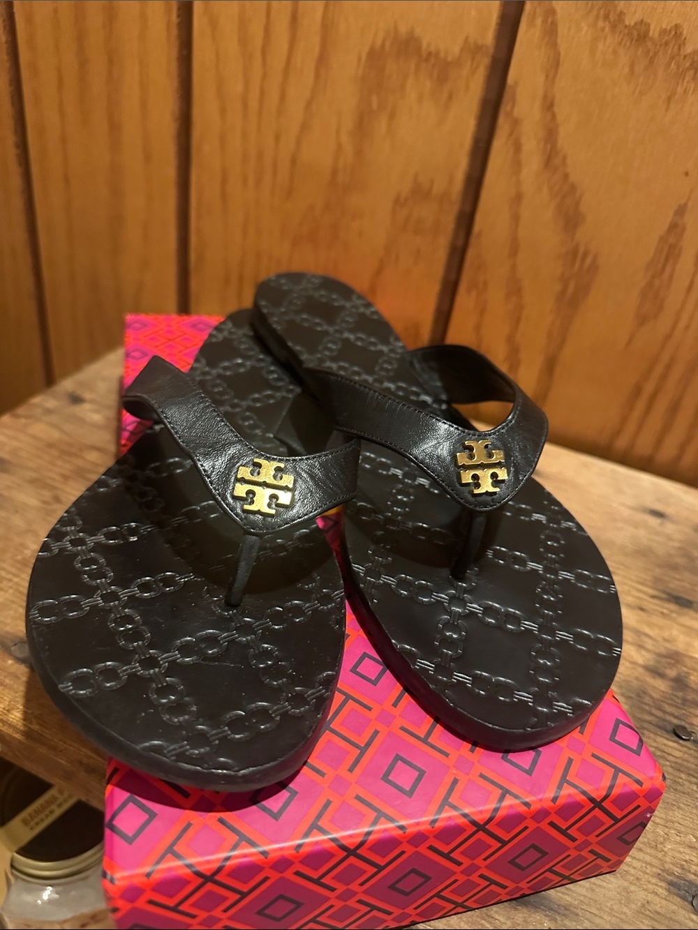 Tory Burch Black Flip Flop Sandals with Gold Logo
